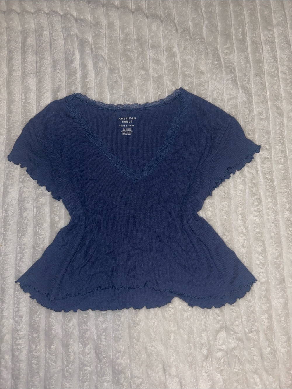 American Eagle Outfitters Navy V-Neck Ruffle Edge Knit Top